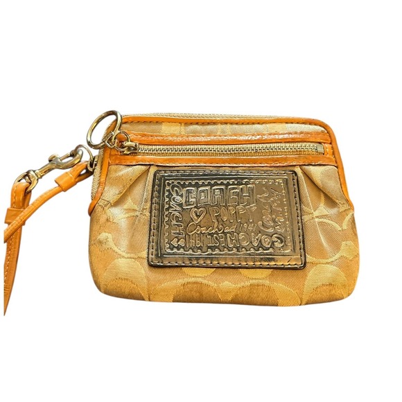 Coach Handbags - Coach Poppy Wristlet Tan Beige Gold Monogram‎ Logo Small Zip Pouch